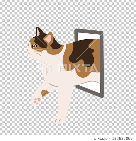 Illustration of a cat entering through a pet door 123683869