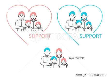 ファミリーサポートのイメージイラスト―ハートで囲まれた子育て世帯 123683959