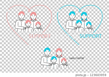 ファミリーサポートのイメージイラスト―ハートで囲まれた子育て世帯 123683959