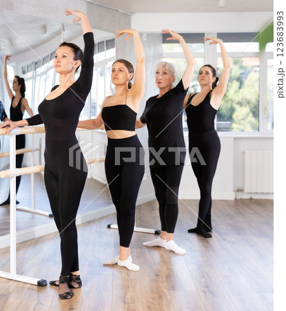 Group of women practicing at ballet barre 123683993