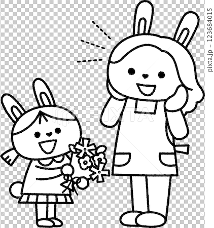 兔耳少女送給媽媽花束的線描 123684015