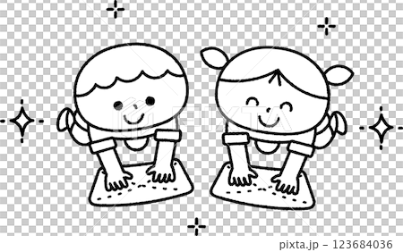 雑巾掛けをする子供達線画 123684036