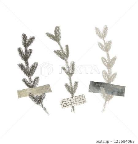 Set of abstract floral branches in minimalist style. Botanical illustrations in pastel colors. Leaves glued on washi tape for postcard, poster, t-shirt print Set of abstract floral branches in minimalist style. Botanical illustrations in pastel colors. Leaves glued on washi tape for postcard, poster, t-shirt print 123684068