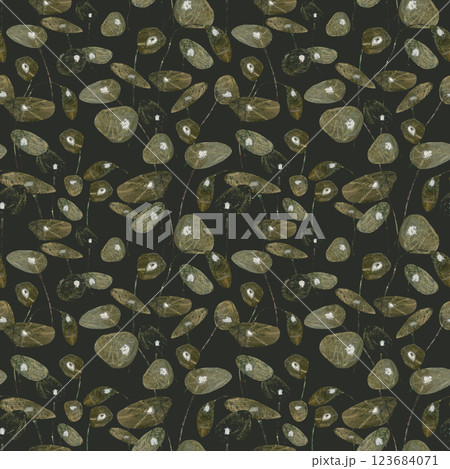 Seamless floral leaves background. Watercolor pattern money plant leaves in mocha mousse color on dark background 123684071