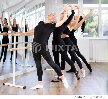 Female ballet trainer teaching group of dancers near ballet barre in dancing studio Female ballet trainer teaching group of dancers near ballet barre in dancing studio 123684087