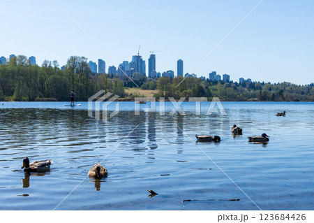 Deer Lake Park lakeshore. Metrotown modern buildings skyline in the background. Burnaby, BC, Canada. Deer Lake Park lakeshore. Metrotown modern buildings skyline in the background. Burnaby, BC, Canada. 123684426