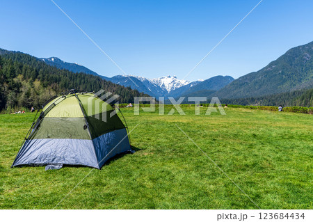 Capilano Lake Cleveland Park in springtime sunny day. Leisure and camping concept. North Vancouver, BC, Canada. Capilano Lake Cleveland Park in springtime sunny day. Leisure and camping concept. North Vancouver, BC, Canada. 123684434