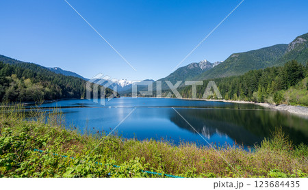 Capilano Lake Cleveland Park in springtime sunny day. Panoramic view. North Vancouver, BC, Canada. Capilano Lake Cleveland Park in springtime sunny day. Panoramic view. North Vancouver, BC, Canada. 123684435