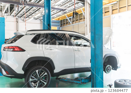 自動車整備工場・ピットにあるリフトアップされた自動車 自動車整備工場・ピットにあるリフトアップされた自動車 123684477