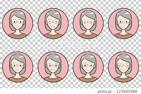 Icon set of senior and elderly women's emotions and emotions - pink Icon set of senior and elderly women's emotions and emotions - pink 123685066