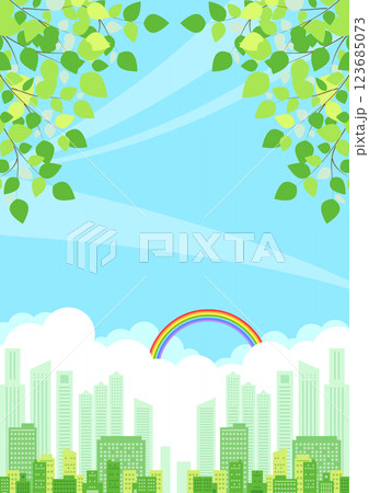 初夏、ビル街、イラスト、虹、背景、縦 123685073