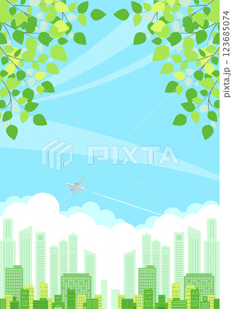 初夏、ビル街、イラスト、飛行機、背景、縦 123685074