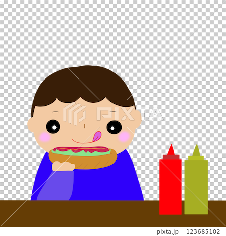ホットドッグを作って食べる男性 123685102
