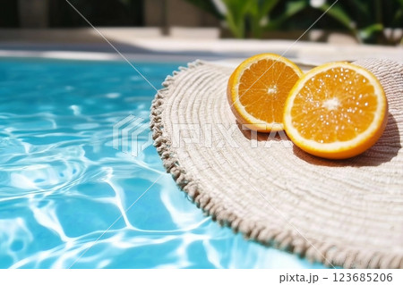 Creative summer composition made of sliced orange in transparent pool water. Refreshment concept. Healthy refreshing drink theme. Top view 123685206