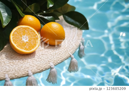 Creative summer composition made of sliced orange in transparent pool water. Refreshment concept. Healthy refreshing drink theme. Top view 123685209