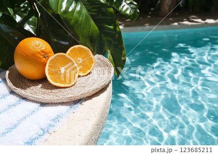 Creative summer composition made of sliced orange in transparent pool water. Refreshment concept. Healthy refreshing drink theme. Top view 123685211