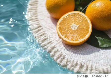 Creative summer composition made of sliced orange in transparent pool water. Refreshment concept. Healthy refreshing drink theme. Top view 123685212