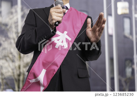 街頭で選挙演説をする候補者　選挙運動イメージ 123685230