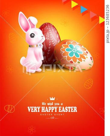 Easter orange illustration with cute pink bunny and painted eggs 123685236