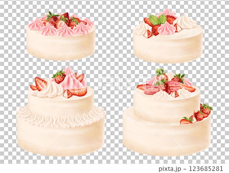 Confectionery set of objects. Pastel sponge cakes, decoration of cream, whipped cream, juicy strawberry and leaf. Pastry dessert for birthday, home parties, sweet gift. Digital isolated illustration 123685281