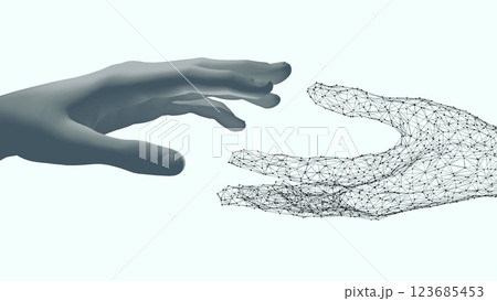 The AI network hand touches the human hand on a white background. AI tools that helping people. Artificial intelligence technology concept The AI network hand touches the human hand on a white background. AI tools that helping people. Artificial intelligence technology concept 123685453