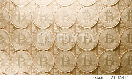 Top view of bitcoin coins on the blue background. Cryptocurrency coins pattern. Bitcoin flat lay. 3d rendering. Top view of bitcoin coins on the blue background. Cryptocurrency coins pattern. Bitcoin flat lay. 3d rendering. 123685454
