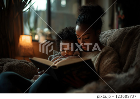 ソファで読み聞かせをする母と子 123685737