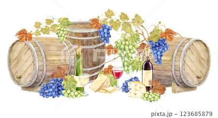 Composition of oak barrels, wine bottles, grapes and glasses with red and white wine. Watercolor illustration with homemade wine and cheese. Concept of old winery and vineyard in retro rural style. 123685879