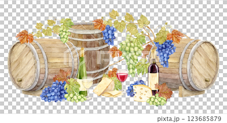 Composition of oak barrels, wine bottles, grapes and glasses with red and white wine. Watercolor illustration with homemade wine and cheese. Concept of old winery and vineyard in retro rural style. 123685879
