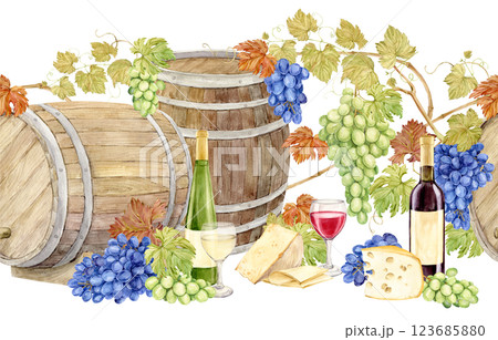 Seamless pattern with wooden barrels, blue and green grapes, cheese, wine bottles and glasses. Watercolor illustration for a wine list. White and red wine, grapevine with blue and green berries. 123685880