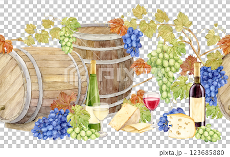 Seamless pattern with wooden barrels, blue and green grapes, cheese, wine bottles and glasses. Watercolor illustration for a wine list. White and red wine, grapevine with blue and green berries. 123685880