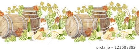 Seamless watercolor frame with barrels, bottles of white wine, cheese and green grapes. Pattern of old wooden casks, grapevine, wine and snack. Illustration for winery, distillery and tasting. 123685882