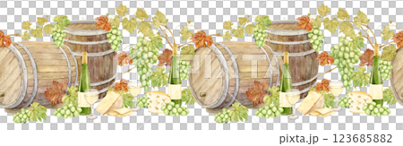 Seamless watercolor frame with barrels, bottles of white wine, cheese and green grapes. Pattern of old wooden casks, grapevine, wine and snack. Illustration for winery, distillery and tasting. 123685882