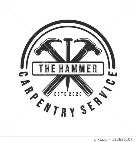 carpentry logo vintage vector illustration template icon design. hammer and steel nails logo for professional carpenter company concept emblem design carpentry logo vintage vector illustration template icon design. hammer and steel nails logo for professional carpenter company concept emblem design 123686107