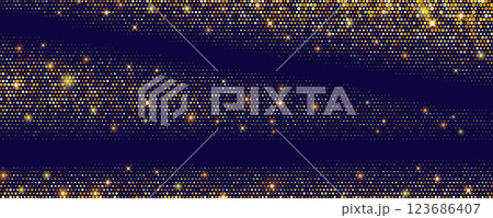 Golden glitter on black background. Dusty and confetti dotted pattern with halftone effect. Glowing sparkles and shiny stars. Abstract vector shimmer texture with magic yellow particles of powder. 123686407