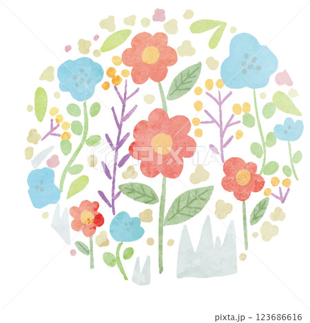 花、花畑、アイコン、水彩　ベクター 123686616