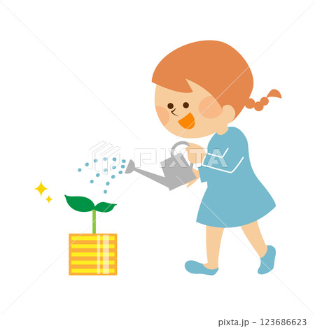 お金を育てる子供　かわいいイメージイラスト素材 123686623