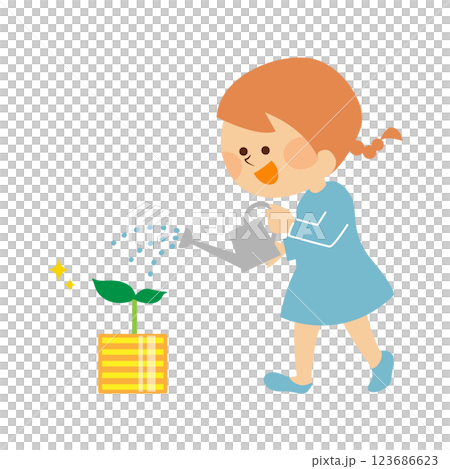 お金を育てる子供　かわいいイメージイラスト素材 123686623