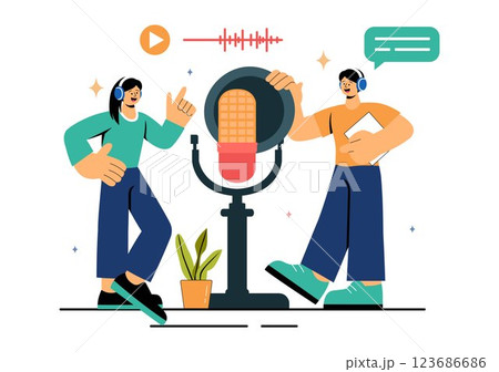 Voice Acting Vector Illustration featuring a Movie Production Cast Member Performing Voice Acting for a Film Scene, Dubbing a Film, or a TV Series 123686686