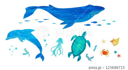 手描き風のクジラやイルカのイラスト　版画、はんこ、コラージュ、水彩絵の具で描かれた海の生き物 123686715