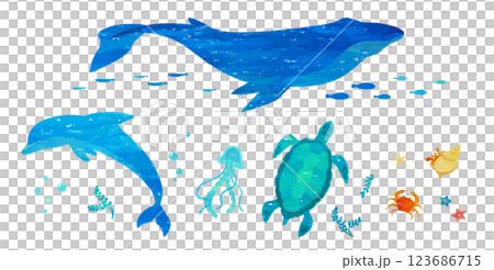 手描き風のクジラやイルカのイラスト　版画、はんこ、コラージュ、水彩絵の具で描かれた海の生き物 123686715