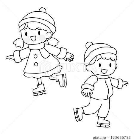 スケートをする子供たちのイラスト　線画 123686752