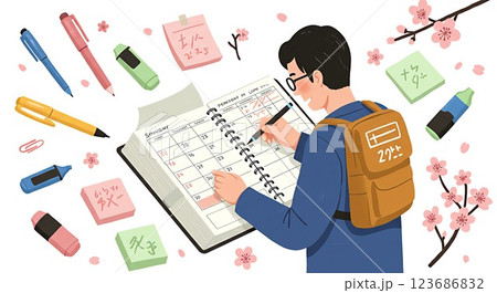 新しい手帳に予定を書く男性 123686832
