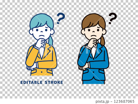 Vector illustration of a young female office worker who is worried with her hand on her chin_Line width can be edited 123687065