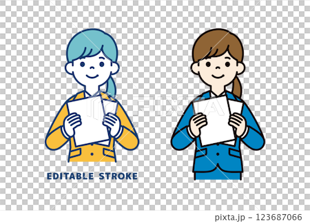 一位年輕女職員微笑著拿著文件的向量插圖_線寬可編輯 123687066