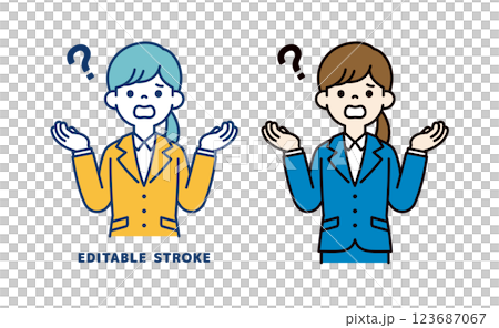 Vector illustration of a young female office worker shrugging her shoulders and asking "Why?" Editable line width 123687067
