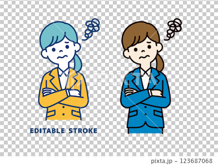 Vector illustration of a young female office worker with her arms folded and in trouble_Line width can be edited 123687068