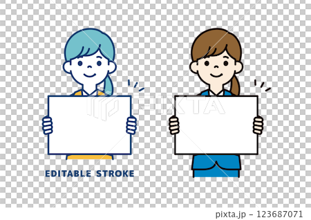 一位年輕女職員拿著白板的向量插圖_線寬可編輯 123687071