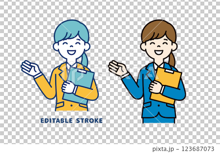 一位年輕女職員一手拿著文件解釋某事的向量插圖_線寬可以編輯 123687073
