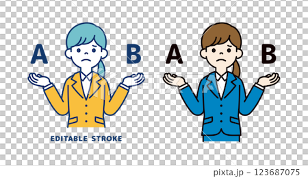 一位年輕女職員比較和考慮兩個選項的向量插圖_線寬可以編輯 123687075